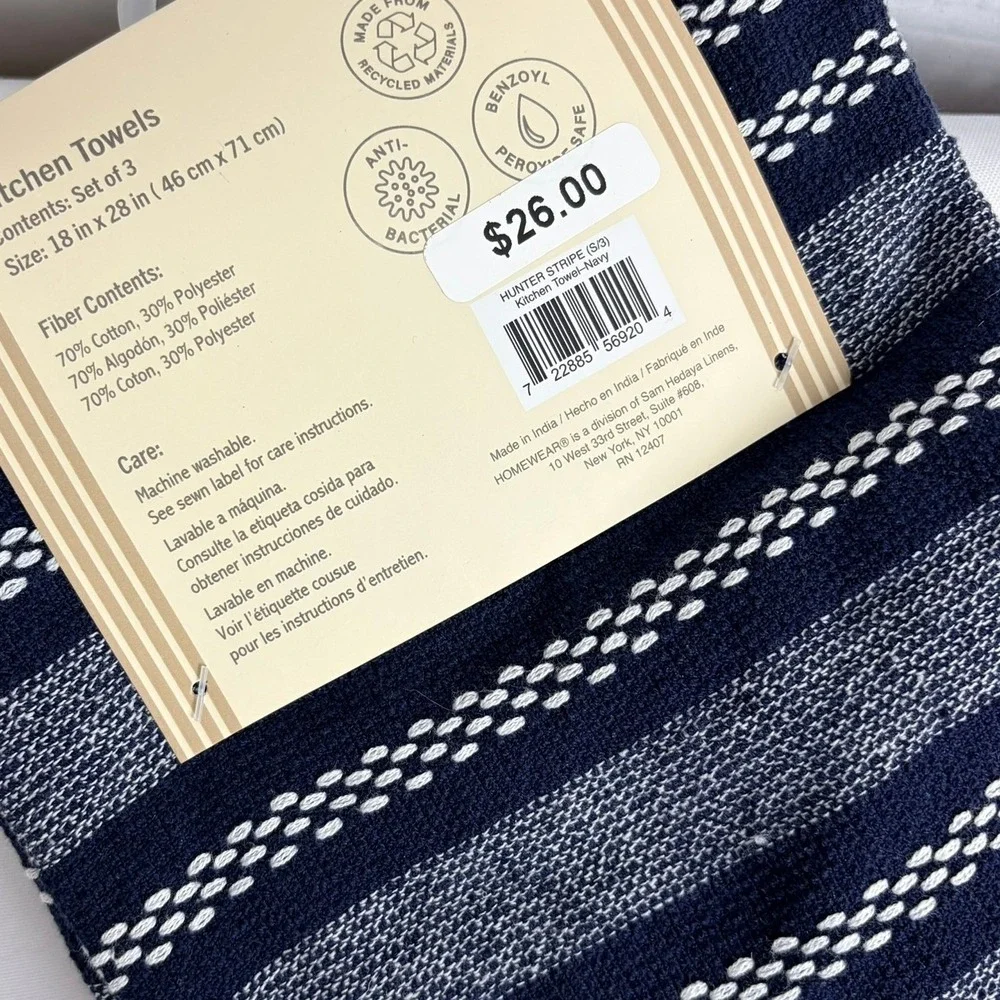 HOMEWEAR Navy Blue White Striped Kitchen Towels Set of 3‎ Recycled Cotton 18x28